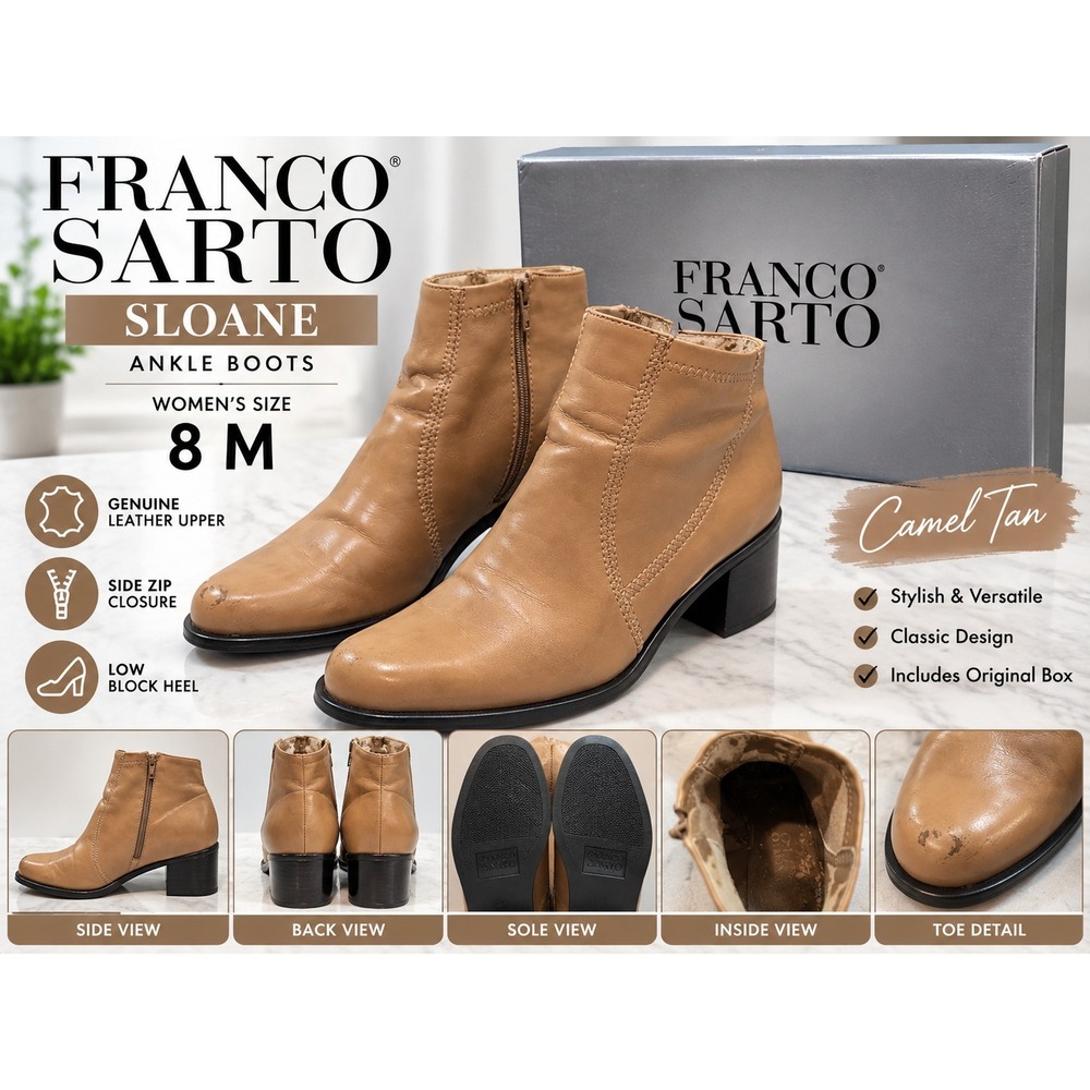 Franco Sarto Sloane Camel Tan Leather Ankle Boots Block Heel Womens 8M L-SLOANE